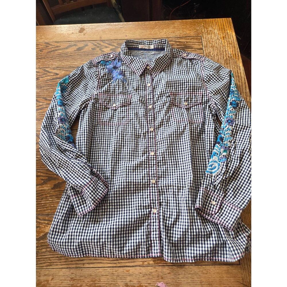 3J Workshop Johnny Was Gingham Embroidered Pearl Snap Shiaresz XL